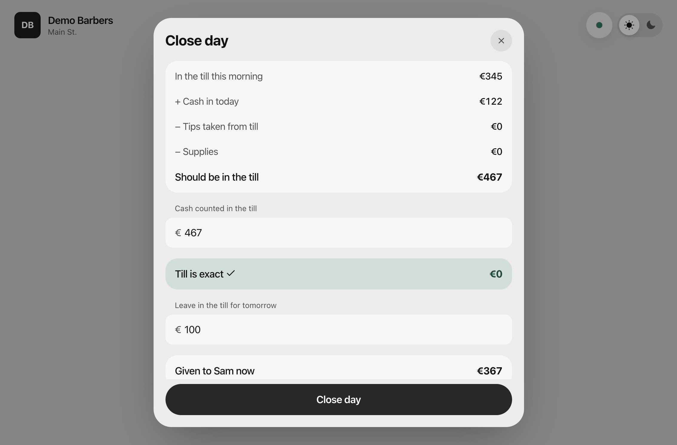 Close day: what should be in the till, and what was counted